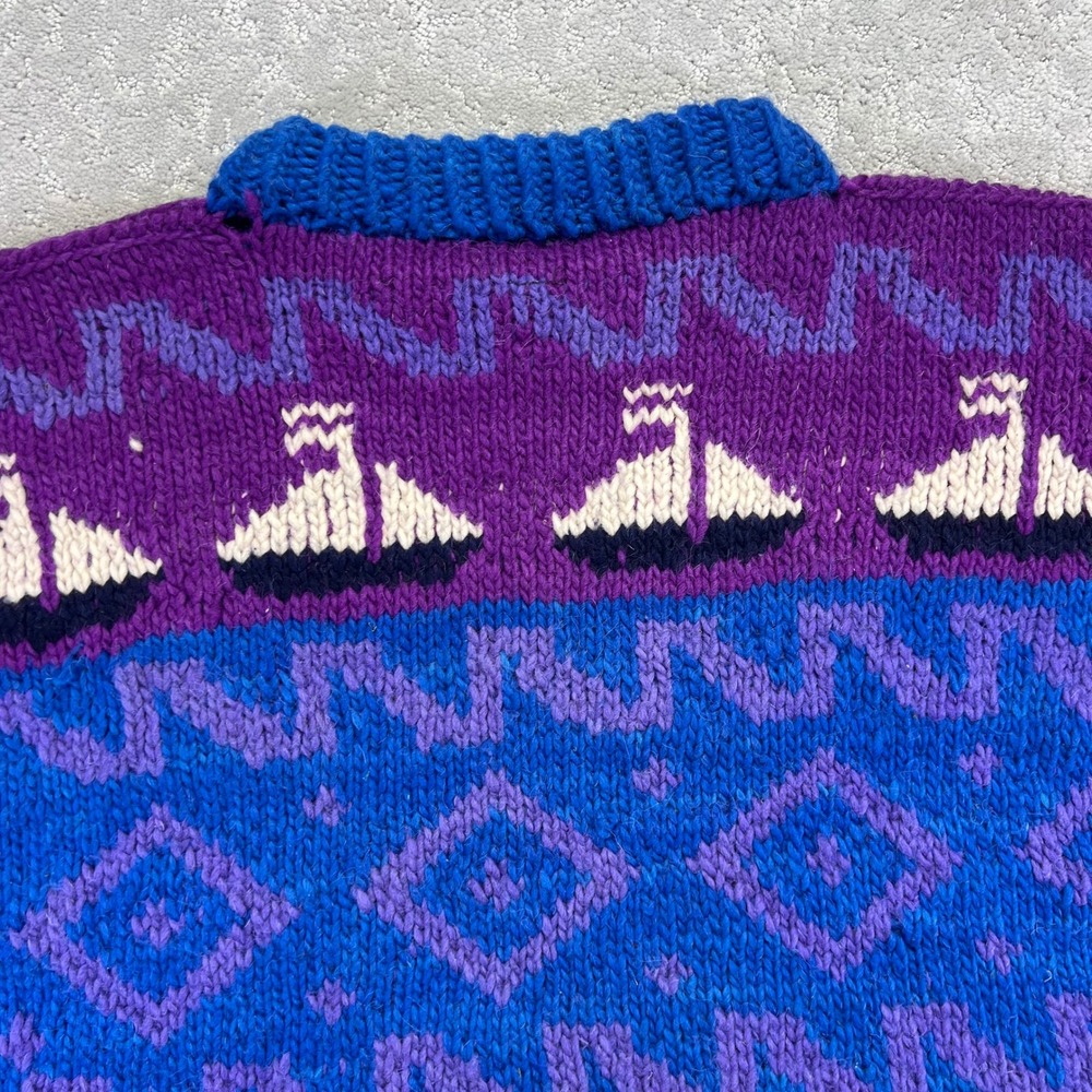 Vintage Hand Made Wool Sweater L/XL?? Sailboat Nautical Knit Blue Chunky Ecuador - Picture 13 of 16